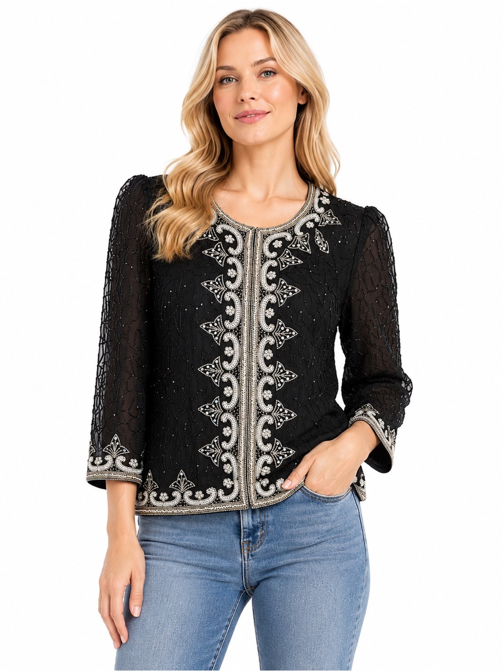 Vintage 100% Pure Silk Size Small Embellished Black Beaded‎ Jacket Top